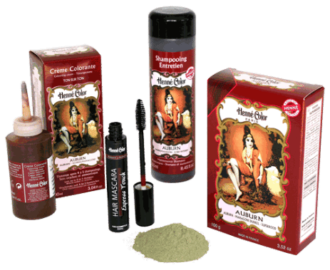 Henna haarkleuring; totaalpakket auburn met hennapoeder, kleurcrème, haarmascara en shampoo.